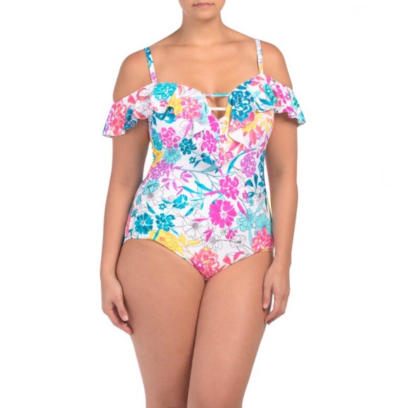 KENNETH COLE SwimSuit One-piece Tummy Control Ruffle Shoulder Floral Swim Wear - Picture 9 of 9